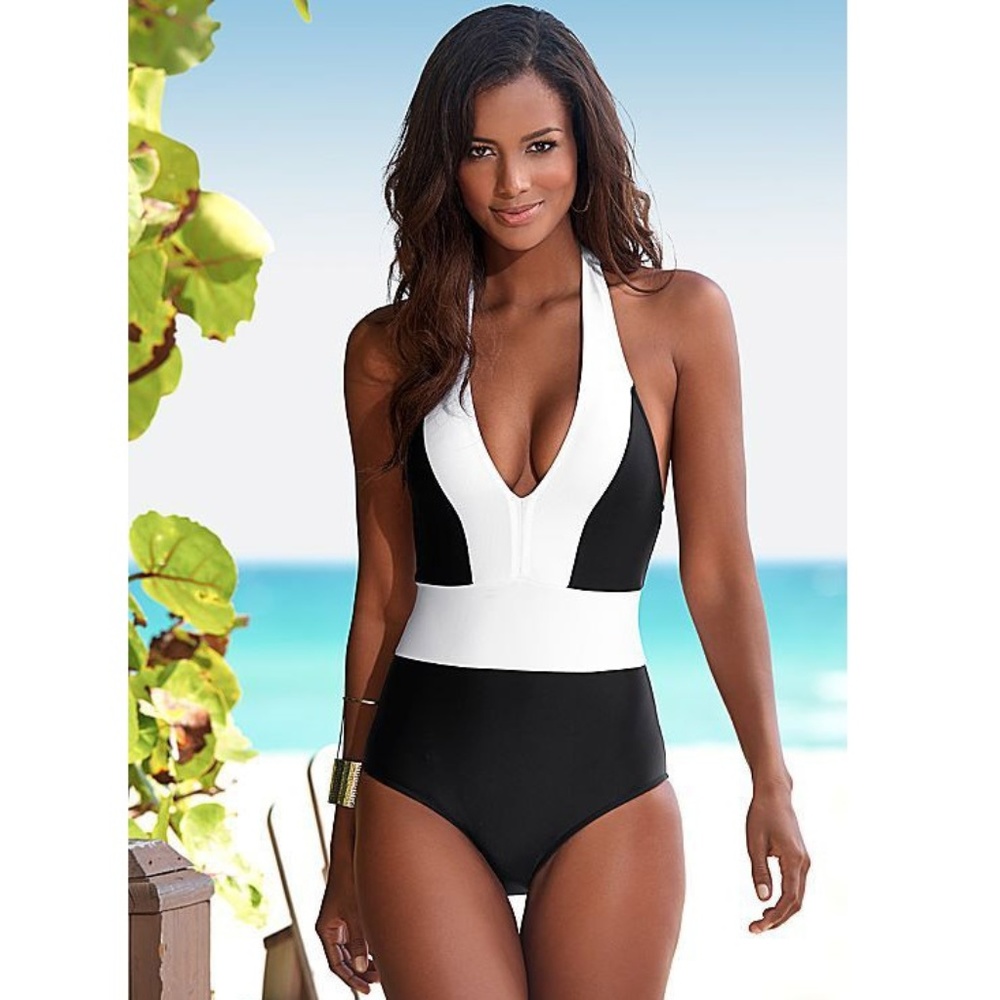 One Piece V Neck Black and White Swimsuit